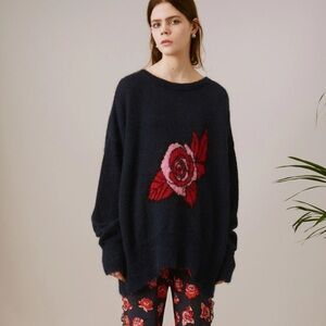 Markus Lupfer navy blue mohair wool oversized rose intarsia sweater - Medium